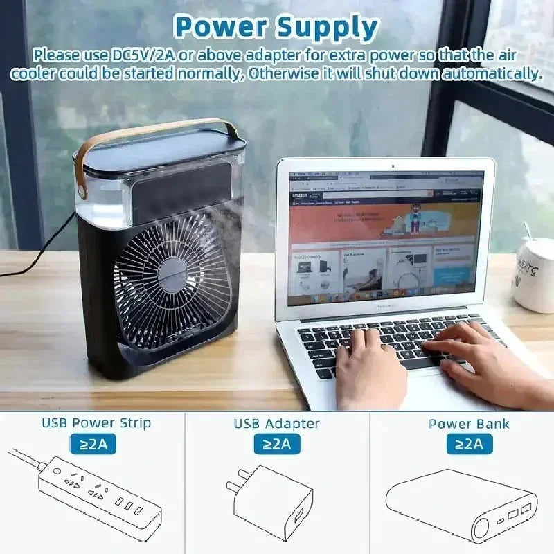 Mini Ventilador Portátil Com Refrigerador de Ar e Luz LED Noturna!