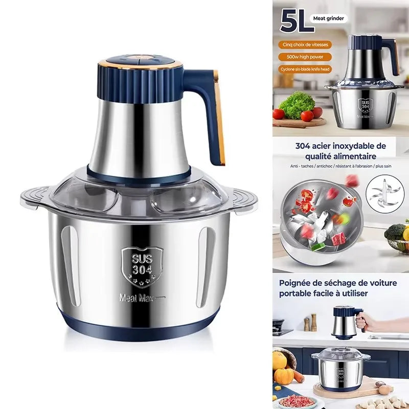 Moedor de carne elétrico, Triturador de alimentos, Fatiador de vegetais em Aço inoxidável multifuncional, Processador, Picador e liquidificador de cozinha