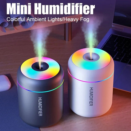 Mini umidificador de ar e difusor de aromas, névoa colorida e luz LED