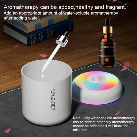 Mini umidificador de ar e difusor de aromas, névoa colorida e luz LED